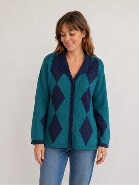 Bleyle Vintage Argyle Knit 100% Merino Wool Cardigan Sweater Size Small Blue